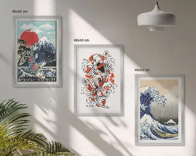 Composição de quadros moderna com o tema Grande Onda japonesa com montanhas e peixes