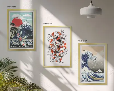 Composição de quadros moderna com o tema Grande Onda japonesa com montanhas e peixes