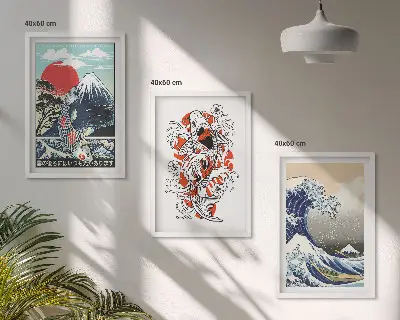 Composição de quadros moderna com o tema Grande Onda japonesa com montanhas e peixes