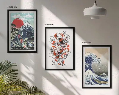 Composição de quadros moderna com o tema Grande Onda japonesa com montanhas e peixes
