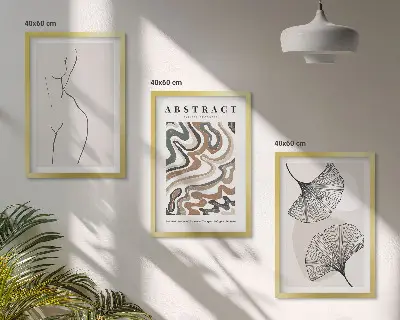 Conjunto de 3 quadros com moldura estampa de formas abstratas estilo boho