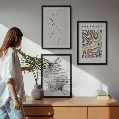 Conjunto de 3 quadros com moldura estampa de formas abstratas estilo boho