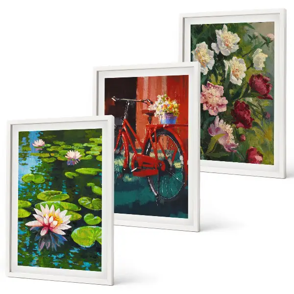 Composição de quadros moderna lírios no jardim com flores coloridas