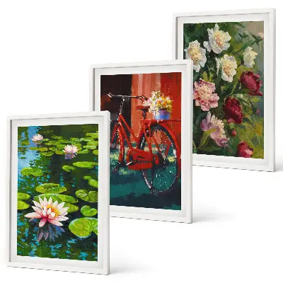 Composição de quadros moderna lírios no jardim com flores coloridas