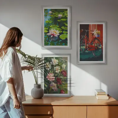 Composição de quadros moderna lírios no jardim com flores coloridas