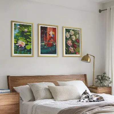 Composição de quadros moderna lírios no jardim com flores coloridas