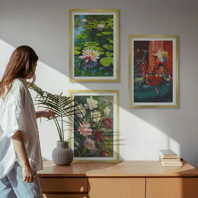 Composição de quadros moderna lírios no jardim com flores coloridas