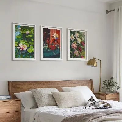 Composição de quadros moderna lírios no jardim com flores coloridas