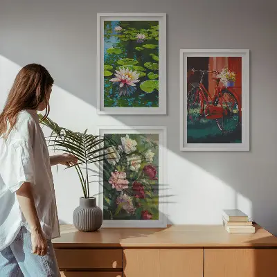 Composição de quadros moderna lírios no jardim com flores coloridas