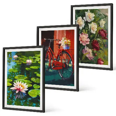 Composição de quadros moderna lírios no jardim com flores coloridas