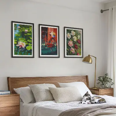 Composição de quadros moderna lírios no jardim com flores coloridas