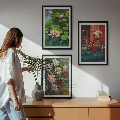 Composição de quadros moderna lírios no jardim com flores coloridas