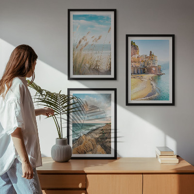 Conjunto de 3 quadros com moldura Paisagens praia falésias cidade