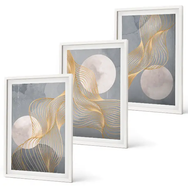 Conjunto de quadros para sala de estar com padrões abstratos de ondas e círculos