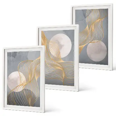 Conjunto de quadros para sala de estar com padrões abstratos de ondas e círculos