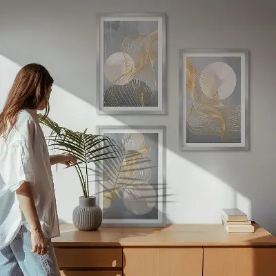 Conjunto de quadros para sala de estar com padrões abstratos de ondas e círculos