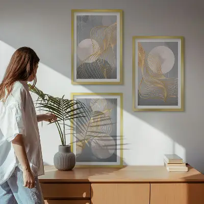 Conjunto de quadros para sala de estar com padrões abstratos de ondas e círculos