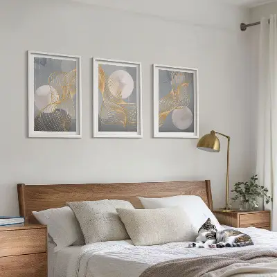 Conjunto de quadros para sala de estar com padrões abstratos de ondas e círculos