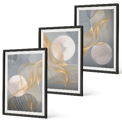 Conjunto de quadros para sala de estar com padrões abstratos de ondas e círculos