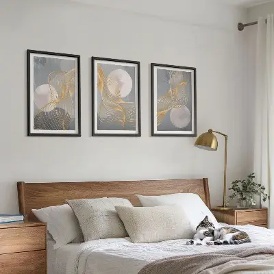 Conjunto de quadros para sala de estar com padrões abstratos de ondas e círculos