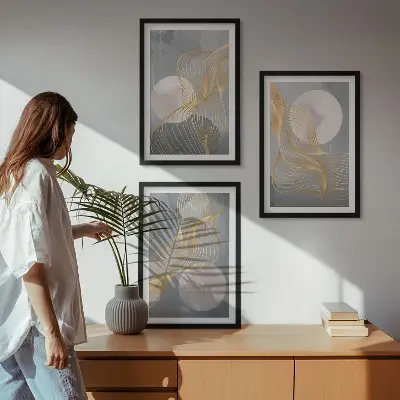 Conjunto de quadros para sala de estar com padrões abstratos de ondas e círculos