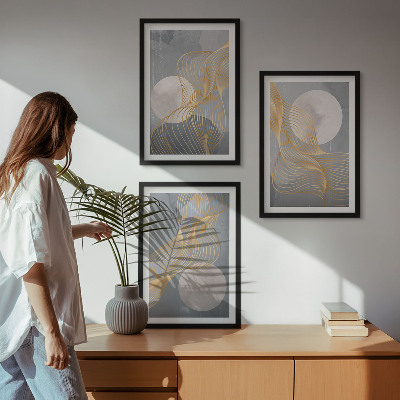 Conjunto de quadros para sala de estar Padrões abstratos, ondas e círculos.