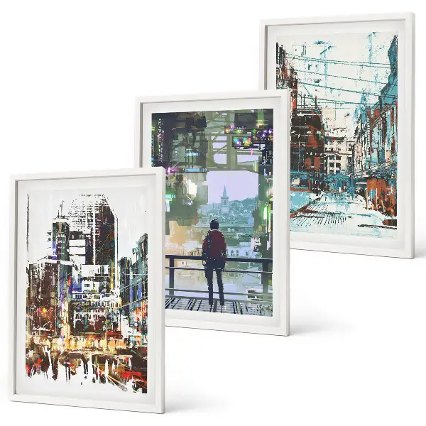 Conjunto de 3 quadros com moldura com estética de cidades modernas e personagens coloridos