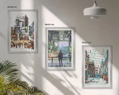 Conjunto de 3 quadros com moldura com estética de cidades modernas e personagens coloridos