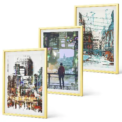 Conjunto de 3 quadros com moldura com estética de cidades modernas e personagens coloridos