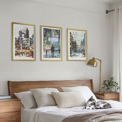 Conjunto de 3 quadros com moldura Cidades modernas, personagens coloridos