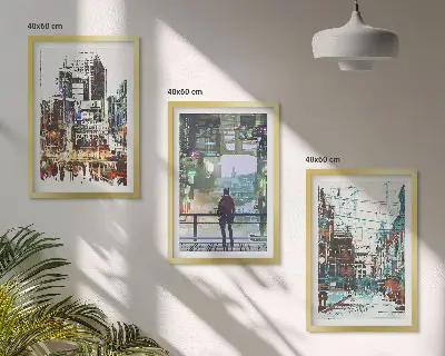Conjunto de 3 quadros com moldura com estética de cidades modernas e personagens coloridos