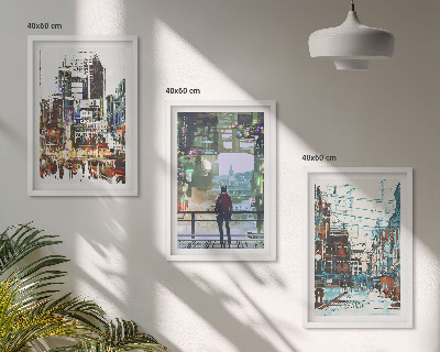Conjunto de 3 quadros com moldura Cidades modernas, personagens coloridos