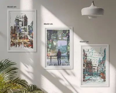 Conjunto de 3 quadros com moldura com estética de cidades modernas e personagens coloridos