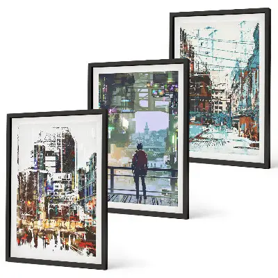 Conjunto de 3 quadros com moldura com estética de cidades modernas e personagens coloridos