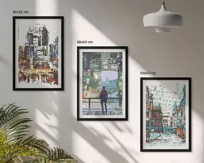 Conjunto de 3 quadros com moldura com estética de cidades modernas e personagens coloridos