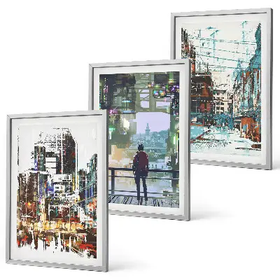 Conjunto de 3 quadros com moldura com estética de cidades modernas e personagens coloridos