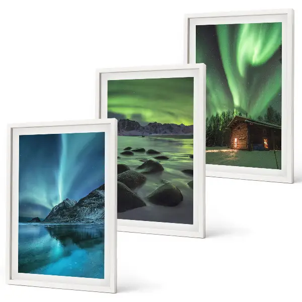 Composição de quadros moderna com paisagens de inverno, aurora boreal e montanhas