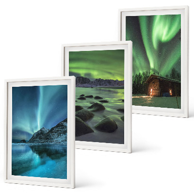 Composição de quadros moderna Paisagens de inverno, aurora boreal, montanhas