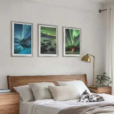 Composição de quadros moderna com paisagens de inverno, aurora boreal e montanhas