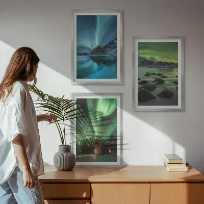 Composição de quadros moderna com paisagens de inverno, aurora boreal e montanhas