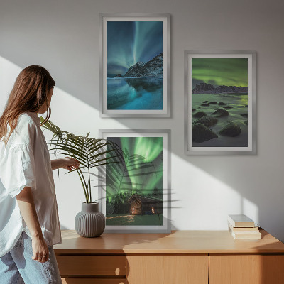Composição de quadros moderna Paisagens de inverno, aurora boreal, montanhas