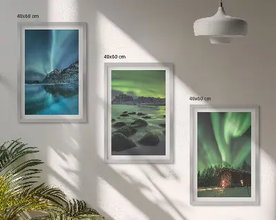 Composição de quadros moderna com paisagens de inverno, aurora boreal e montanhas
