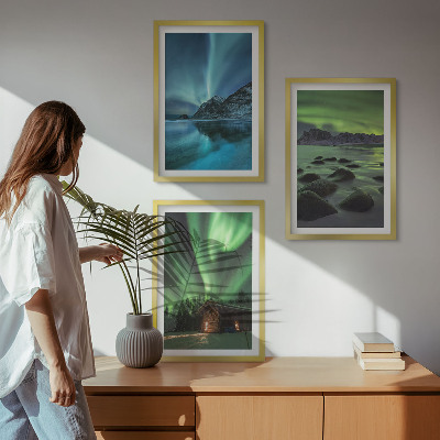 Composição de quadros moderna Paisagens de inverno, aurora boreal, montanhas