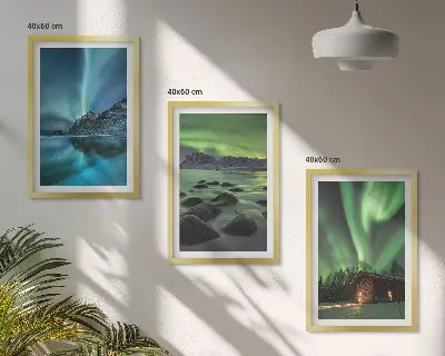 Composição de quadros moderna com paisagens de inverno, aurora boreal e montanhas