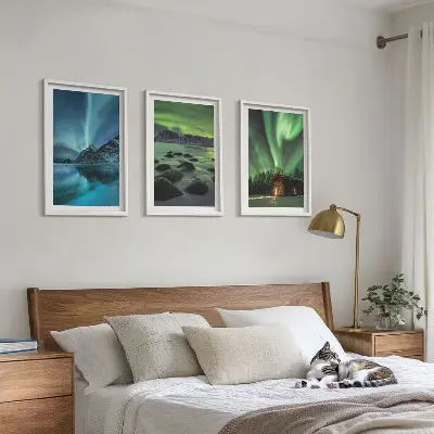 Composição de quadros moderna com paisagens de inverno, aurora boreal e montanhas