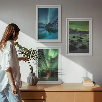 Composição de quadros moderna com paisagens de inverno, aurora boreal e montanhas