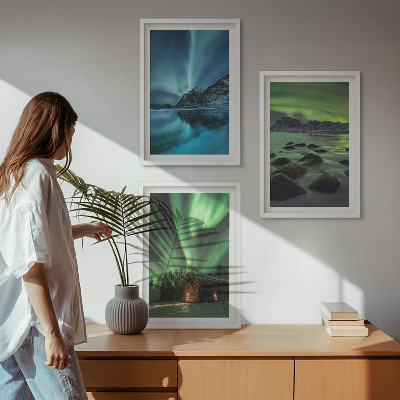 Composição de quadros moderna Paisagens de inverno, aurora boreal, montanhas