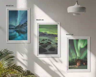 Composição de quadros moderna com paisagens de inverno, aurora boreal e montanhas