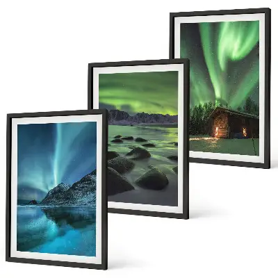 Composição de quadros moderna com paisagens de inverno, aurora boreal e montanhas
