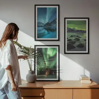 Composição de quadros moderna com paisagens de inverno, aurora boreal e montanhas
